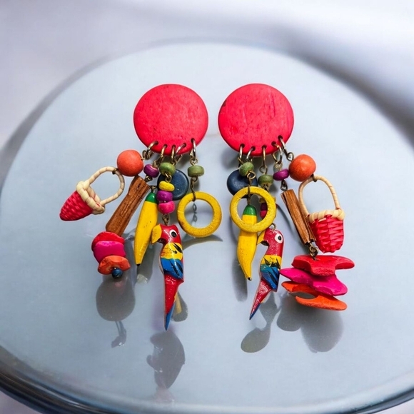 Artisan Jewelry - Artisan Colorful Parrot Banana Beads Wooden Dangle Earrings